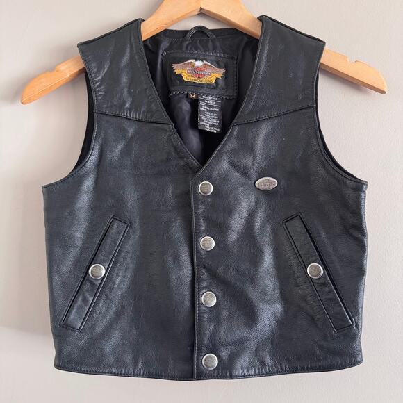 Harley Davidson Youth Black Leather Vest Snap Button Closure Childs Size Medium - Picture 8 of 8